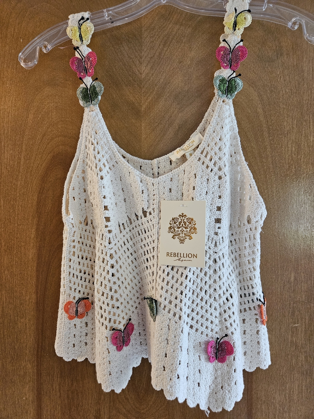 Rebellion Cream Crochet Tank with Multicolor Butterfly Straps